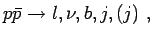 $\displaystyle p\bar p \to l,\nu,b,j,(j)\ ,$